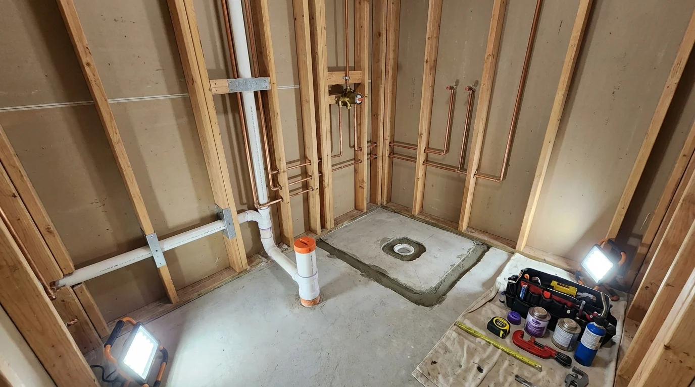 Bathroom rough-in plumbing during remodel by Johns Plumbing LLC in Wildwood