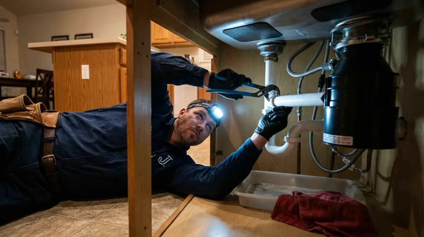 P-trap and supply line connections under a kitchen sink showing a common leak point in Wildwood, NJ